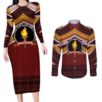 Personalised Tonga Beulah College Couples Matching Long Sleeve Bodycon Dress and Long Sleeve Button Shirt Polynesian Ngatu Tribal LT9 Red - Polynesian Pride