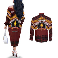 Personalised Tonga Beulah College Couples Matching Off The Shoulder Long Sleeve Dress and Long Sleeve Button Shirt Polynesian Ngatu Tribal LT9 - Polynesian Pride