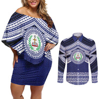 Personalised Tonga Sia'atoutai Theological College Couples Matching Off Shoulder Short Dress and Long Sleeve Button Shirt Polynesian Ngatu Tribal