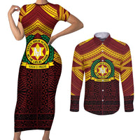 Personalised Tonga Vava'u High School Couples Matching Short Sleeve Bodycon Dress and Long Sleeve Button Shirt Polynesian Ngatu Tribal LT9 Red - Polynesian Pride