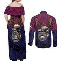 American Samoa Brave Eagle Personalized Couples Matching Off Shoulder Maxi Dress and Long Sleeve Button Shirt National Flag Color