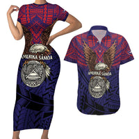 American Samoa Brave Eagle Personalized Couples Matching Short Sleeve Bodycon Dress and Hawaiian Shirt National Flag Color LT9 Blue - Polynesian Pride