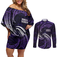 Manua Segaula American Samoa High School Personalized Couples Matching Off Shoulder Short Dress and Long Sleeve Button Shirt Polynesian Wave Style LT9 Purple - Polynesian Pride