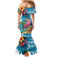 Hawaiian Flamingo Hibiscus Personalised Family Matching Mermaid Dress and Hawaiian Shirt Blue Summer Tropical Flowers - Polynesian Pride