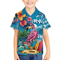 Hawaiian Flamingo Hibiscus Personalised Family Matching Off The Shoulder Long Sleeve Dress and Hawaiian Shirt Blue Summer Tropical Flowers - Polynesian Pride