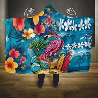 Hawaiian Flamingo Hibiscus Personalised Hooded Blanket Blue Summer Tropical Flowers - Polynesian Pride