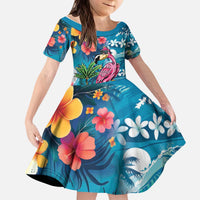 Hawaiian Flamingo Hibiscus Personalised Kid Short Sleeve Dress Blue Summer Tropical Flowers - Polynesian Pride