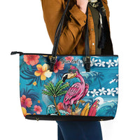 Hawaiian Flamingo Hibiscus Personalised Leather Tote Bag Blue Summer Tropical Flowers - Polynesian Pride