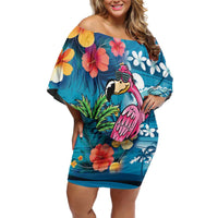 Hawaiian Flamingo Hibiscus Personalised Off Shoulder Short Dress Blue Summer Tropical Flowers - Polynesian Pride