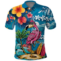 Hawaiian Flamingo Hibiscus Personalised Polo Shirt Blue Summer Tropical Flowers - Polynesian Pride