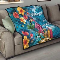 Hawaiian Flamingo Hibiscus Personalised Quilt Blue Summer Tropical Flowers - Polynesian Pride