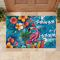 Hawaiian Flamingo Hibiscus Personalised Rubber Doormat Blue Summer Tropical Flowers LT9 Blue - Polynesian Pride