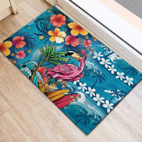 Hawaiian Flamingo Hibiscus Personalised Rubber Doormat Blue Summer Tropical Flowers LT9 - Polynesian Pride