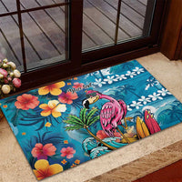Hawaiian Flamingo Hibiscus Personalised Rubber Doormat Blue Summer Tropical Flowers LT9 - Polynesian Pride