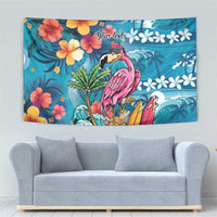 Hawaiian Flamingo Hibiscus Personalised Tapestry Blue Summer Tropical Flowers - Polynesian Pride
