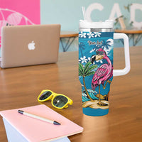 Hawaiian Flamingo Hibiscus Personalised Tumbler With Handle Blue Summer Tropical Flowers - Polynesian Pride