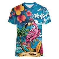 Hawaiian Flamingo Hibiscus Personalised Women V-Neck T-Shirt Blue Summer Tropical Flowers - Polynesian Pride