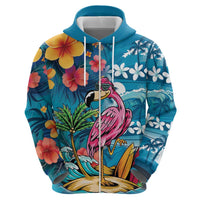 Hawaiian Flamingo Hibiscus Personalised Zip Hoodie Blue Summer Tropical Flowers - Polynesian Pride