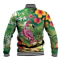 Hawaiian Flamingo Hibiscus Personalised Baseball Jacket Green Summer Tropical Flowers LT9 - Polynesian Pride