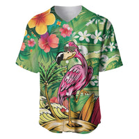 Hawaiian Flamingo Hibiscus Personalised Baseball Jersey Green Summer Tropical Flowers - Polynesian Pride