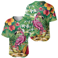 Hawaiian Flamingo Hibiscus Personalised Baseball Jersey Green Summer Tropical Flowers - Polynesian Pride
