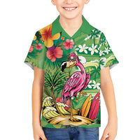 Hawaiian Flamingo Hibiscus Personalised Family Matching Off Shoulder Maxi Dress and Hawaiian Shirt Green Summer Tropical Flowers - Polynesian Pride