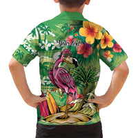 Hawaiian Flamingo Hibiscus Personalised Family Matching Short Sleeve Bodycon Dress and Hawaiian Shirt Green Summer Tropical Flowers - Polynesian Pride