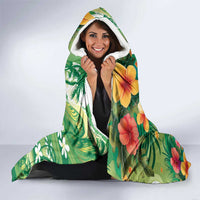 Hawaiian Flamingo Hibiscus Personalised Hooded Blanket Green Summer Tropical Flowers - Polynesian Pride