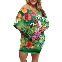 Hawaiian Flamingo Hibiscus Personalised Off Shoulder Short Dress Green Summer Tropical Flowers - Polynesian Pride