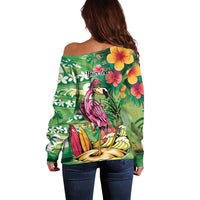Hawaiian Flamingo Hibiscus Personalised Off Shoulder Sweater Green Summer Tropical Flowers - Polynesian Pride