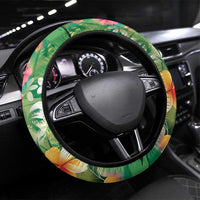 Hawaiian Flamingo Hibiscus Steering Wheel Cover Green Summer Tropical Flowers - Polynesian Pride