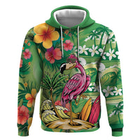 Hawaiian Flamingo Hibiscus Personalised Zip Hoodie Green Summer Tropical Flowers - Polynesian Pride