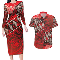 Vintage Ngatu Tribal Tonga Pattern Couples Matching Long Sleeve Bodycon Dress and Hawaiian Shirt LT9 Red - Polynesian Pride