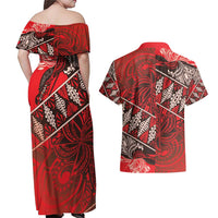 Vintage Ngatu Tribal Tonga Pattern Couples Matching Off Shoulder Maxi Dress and Hawaiian Shirt LT9 - Polynesian Pride