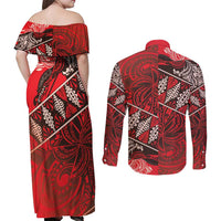 Vintage Ngatu Tribal Tonga Pattern Couples Matching Off Shoulder Maxi Dress and Long Sleeve Button Shirt LT9 - Polynesian Pride