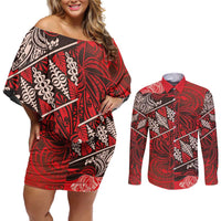 Vintage Ngatu Tribal Tonga Pattern Couples Matching Off Shoulder Short Dress and Long Sleeve Button Shirt LT9 Red - Polynesian Pride