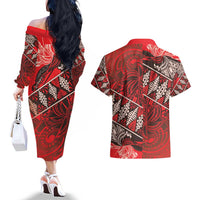 Vintage Ngatu Tribal Tonga Pattern Couples Matching Off The Shoulder Long Sleeve Dress and Hawaiian Shirt LT9 - Polynesian Pride