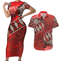 Vintage Ngatu Tribal Tonga Pattern Couples Matching Short Sleeve Bodycon Dress and Hawaiian Shirt LT9 Red - Polynesian Pride