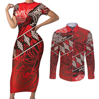 Vintage Ngatu Tribal Tonga Pattern Couples Matching Short Sleeve Bodycon Dress and Long Sleeve Button Shirt LT9 Red - Polynesian Pride