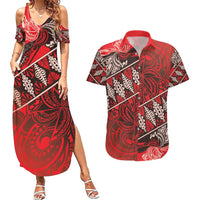 Vintage Ngatu Tribal Tonga Pattern Couples Matching Summer Maxi Dress and Hawaiian Shirt LT9 Red - Polynesian Pride