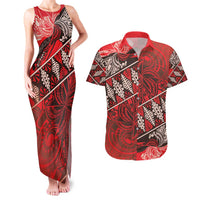 Vintage Ngatu Tribal Tonga Pattern Couples Matching Tank Maxi Dress and Hawaiian Shirt LT9 Red - Polynesian Pride
