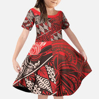 Vintage Ngatu Tribal Tonga Pattern Family Matching Summer Maxi Dress and Hawaiian Shirt LT9 Daughter's Dress Red - Polynesian Pride