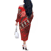 Vintage Ngatu Tribal Tonga Pattern Off The Shoulder Long Sleeve Dress - Polynesian Pride