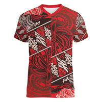 Vintage Ngatu Tribal Tonga Pattern Women V-Neck T-Shirt LT9 Female Red - Polynesian Pride