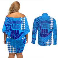 Strong Maui Couples Matching Off Shoulder Short Dress and Long Sleeve Button Shirts Good Living Hawaii with Shaka Sign Kakau Tribal Blue LT9 - Polynesian Pride