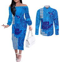 Strong Maui Couples Matching Off The Shoulder Long Sleeve Dress and Long Sleeve Button Shirts Good Living Hawaii with Shaka Sign Kakau Tribal Blue LT9 Blue - Polynesian Pride