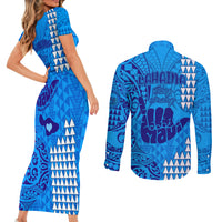 Strong Maui Couples Matching Short Sleeve Bodycon Dress and Long Sleeve Button Shirts Good Living Hawaii with Shaka Sign Kakau Tribal Blue LT9 - Polynesian Pride
