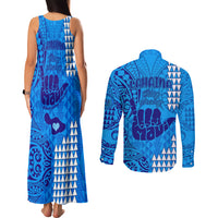 Strong Maui Couples Matching Tank Maxi Dress and Long Sleeve Button Shirts Good Living Hawaii with Shaka Sign Kakau Tribal Blue LT9 - Polynesian Pride