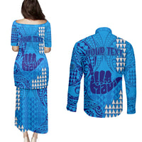 Personalised Strong Maui Couples Matching Puletasi Dress and Long Sleeve Button Shirts Good Living Hawaii with Shaka Sign Kakau Tribal Blue LT9 - Polynesian Pride