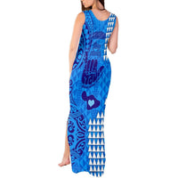 Personalised Strong Maui Tank Maxi Dress Good Living Hawaii with Shaka Sign Kakau Tribal Blue LT9 - Polynesian Pride